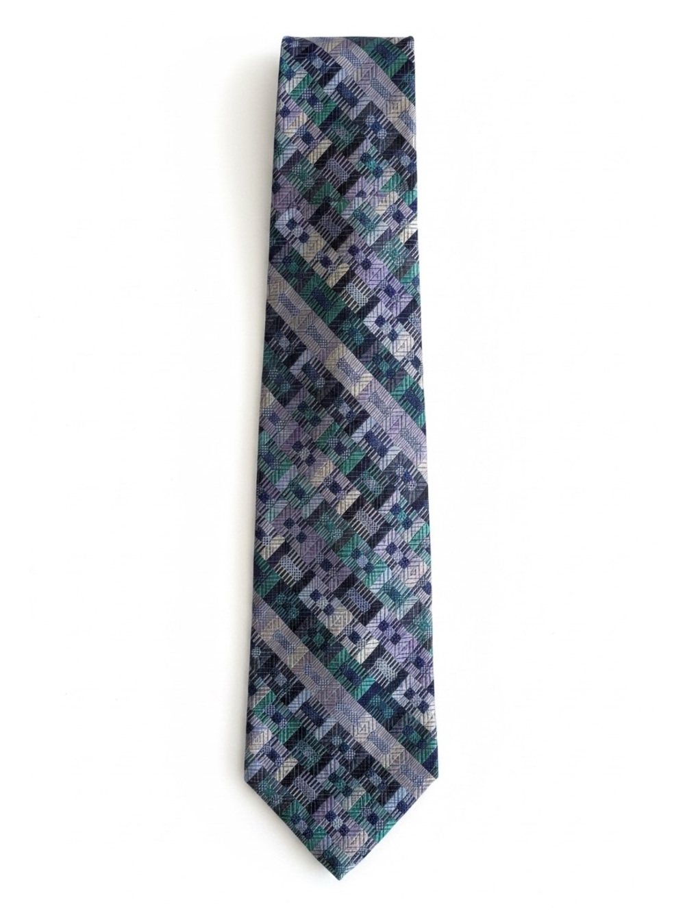 Paul Stuart Geometric Silk Tie Blue Green Purple Woven Classic Necktie